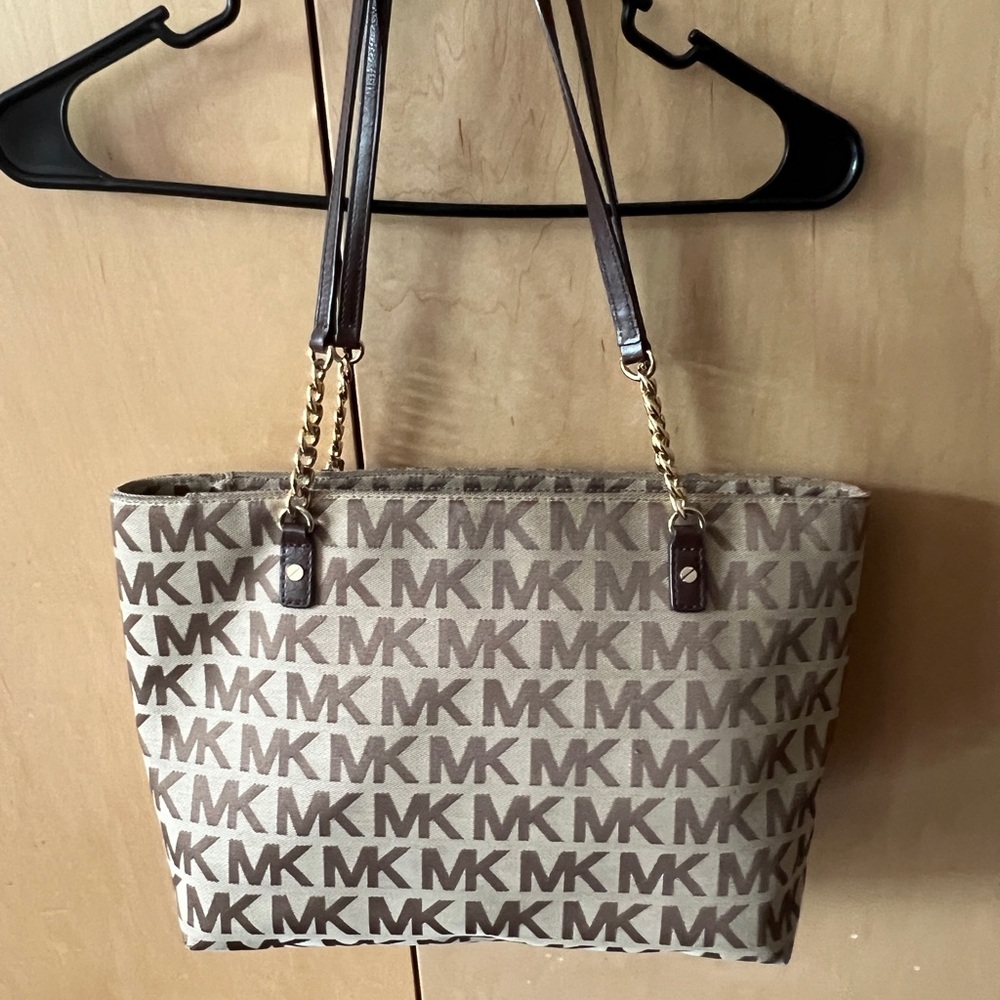 Michael Kors Women's Canvas Leather Gold Tan Shoulder Tote Bag Purse MK Logo
